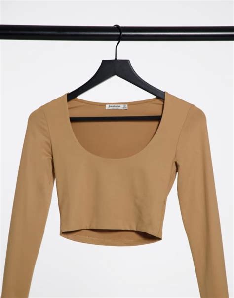 Stradivarius Scoop Neck Long Sleeve Crop Top In Beige Asos