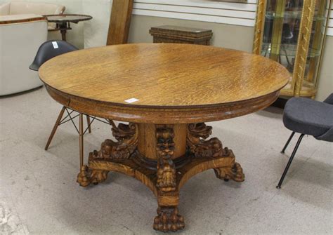 Lot Round Oak Pedestal Dining Table With Three Leaves