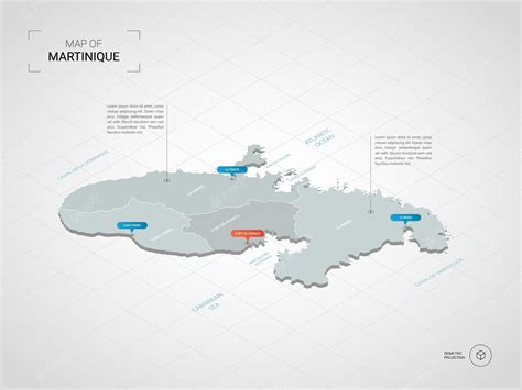 等尺性マルティニークマップ。都市、国境、首都、行政区画、ポインターマークのある定型化された地図のイラスト。グリッドとグラデーションの背景