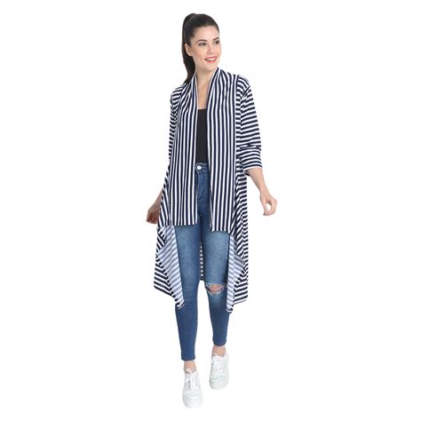 Buy BuyNewTrend Navy White Hosiery Lycra Striped Long Shrug For Women