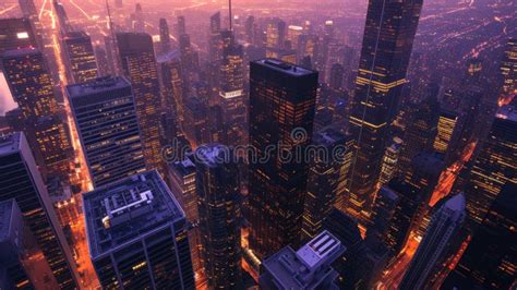 Big City from Top View at Night with Huge Buildings and Street Lights ...