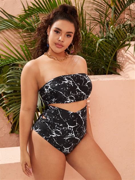 Plus Marble Print Bandeau Bikini Swimsuit Shein Usa