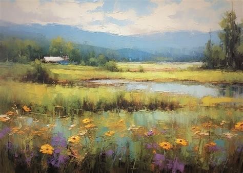 Premium AI Image | Wildflower Field Landscape Oil Painting