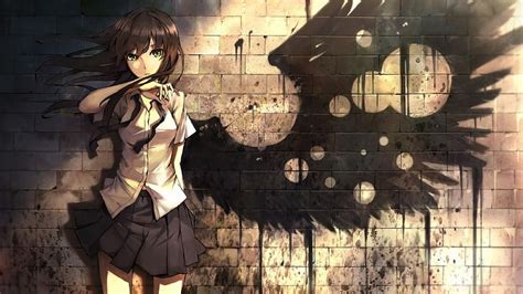 HD wallpaper: black haired female anime character wallpaper, wings, bricks | Wallpaper Flare