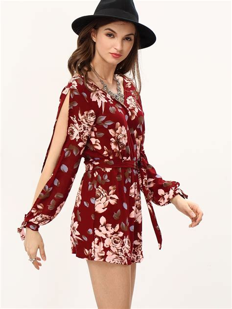 Surplice Front Slit Shoulder Flower Print Romper Shein Sheinside