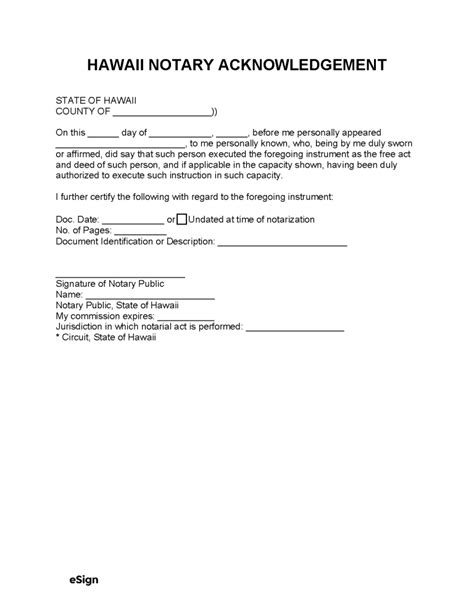 Free Hawaii Notary Acknowledgment Form Pdf Word