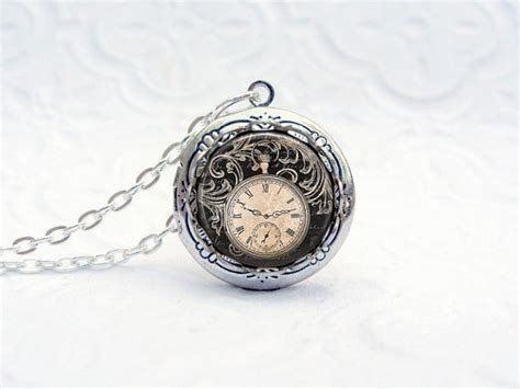 Vintage Clock Locket Necklace Petitie Silver Glass By Kadishday