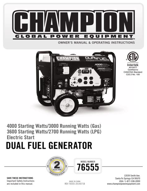 Champion Dual Fuel Generator 9375 Manual