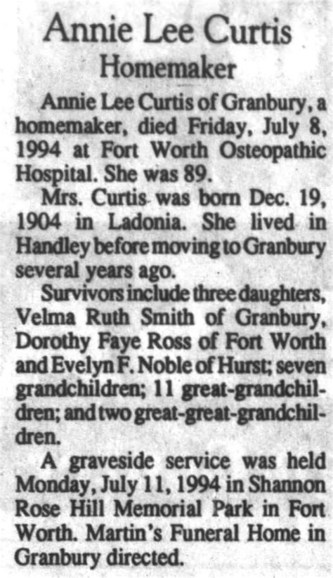 Obituary For Annie Lee Curtis 1904 1994 Aged 89