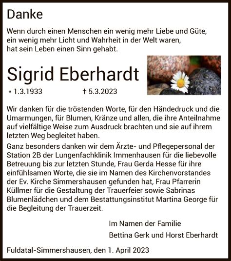 Traueranzeigen Von Sigrid Eberhardt Trauer HNA De