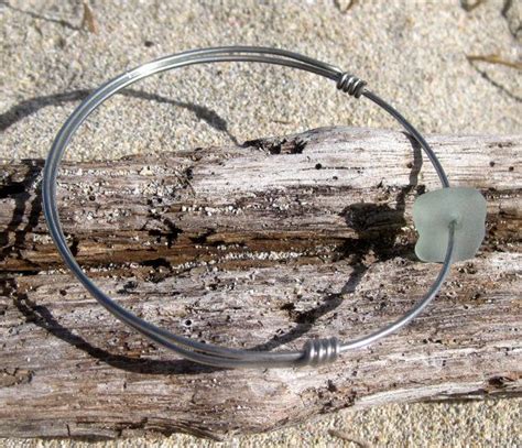 Hawaiian Aqua Beach Glass Silver Plated Wire Bangle Bracelet Etsy Wire Bangle Bracelets