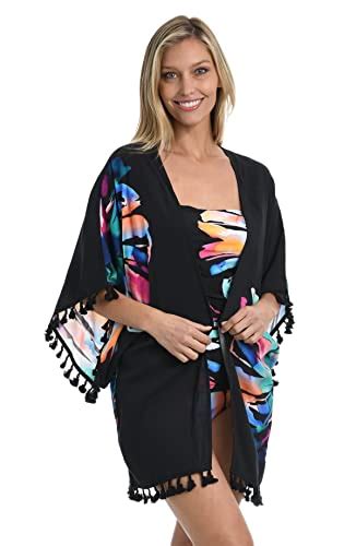 La Blanca Womens Kimono Swimsuit Cover Up One Size Plus Black Prism