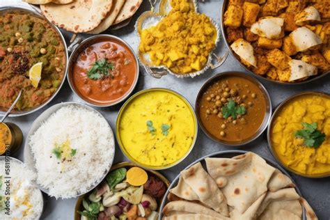 Indian ethnic food buffet on white concrete table from above curry ...