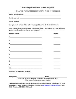 Fillable Online Bethlehemschools Lip Sync Group Form Sheet Per Group