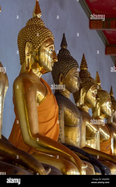 Wat Pho Bangkok Thailand March A Row Of Golden Searted