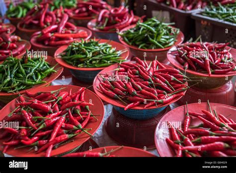 Colorful Chilli Peppers Stall Asian Market Stock Photo Alamy