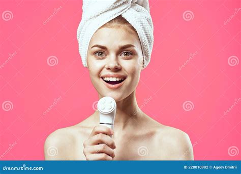 Woman With Towel On Head Naked Shoulders Massager Dermatology Spa