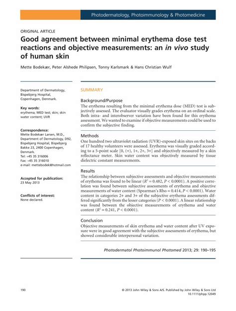 Pdf Good Agreement Between Minimal Erythema Dose Test Reactions And Objective Measurements An