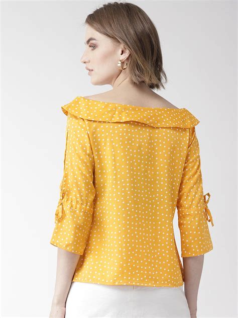 Style Quotientwomen Peach Coloured And Black Polka Dot Top Stylequotient