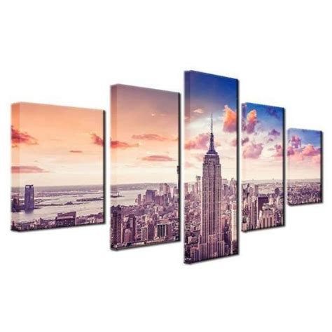 Sunset New York City Cityscape Nature 5 Panel Canvas Art Wall Decor