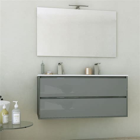 Mobile Sospeso 120 Cm Antracite Con Doppio Lavabo Ceramica Cassetti