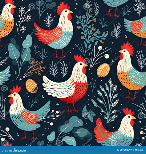 Folk Art Chicken Rooster Pattern. Seamless Tile Wallpaper Illustration ...