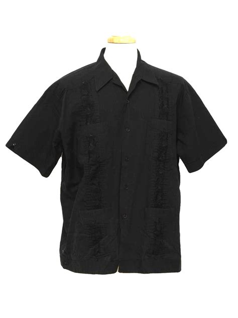 Retro 1980s Guayabera Shirt Haband 80s Haband Mens Black Cotton