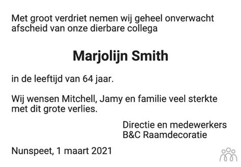 Marjolijn Smith Overlijdensbericht En Condoleances