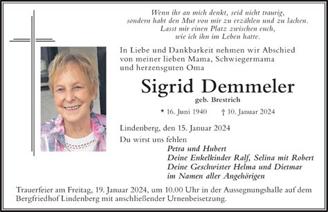 Traueranzeigen Von Sigrid Demmeler Allg Uer Zeitung