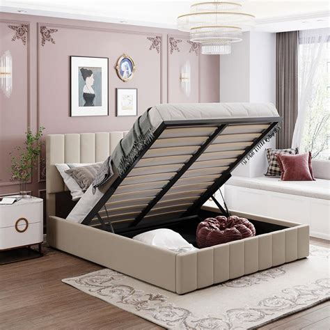 Upholstered platform bed with headboard a hydraulic storage system ...