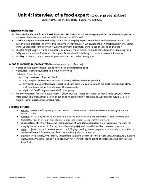 Interview Guidelines - Cath Engstrom - Unit 4: Interview of a food