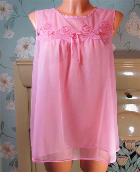 VINTAGE CUTE PINK PERLON CHIFFON LACE SHEER BABYDOLL NIGHTIE SIZE M