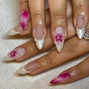 D Pink Flora French Nails Silver White Hand Painted Nail Custom