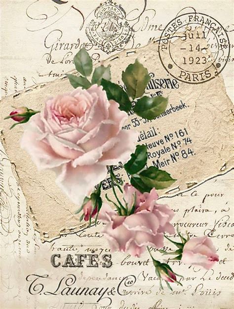 Vintage Pink Rose Postmark Postcard Graphic Image Art Fabric Block