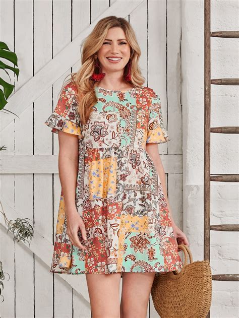 Shein Vcay Vestido Smock Con Estampado De Retazo De Manga Con Volante