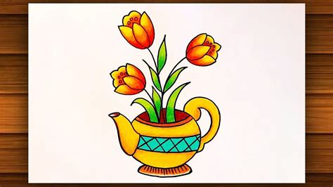 How To Draw A Flower Pot ||Easy Flower Vase Drawing & Colour Step By ...