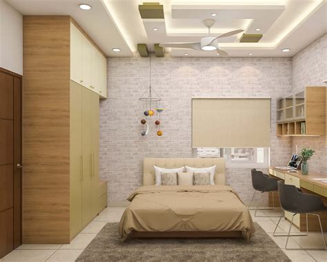 Compact Brick Themed Master Bedroom Design With Study Table Livspace