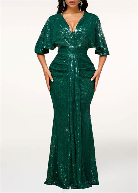 Blackish Green Sequin Half Sleeve Maxi Bodycon Dress Modlily