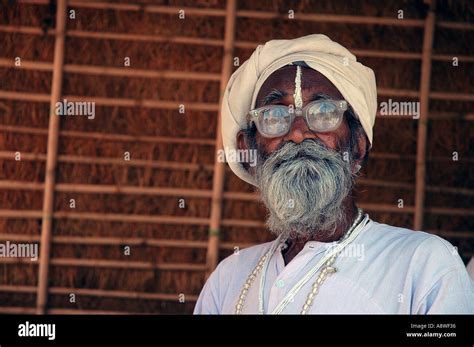 Sub90518 Old Indian Priest With White Beard Pearl Necklace Tilak Specs