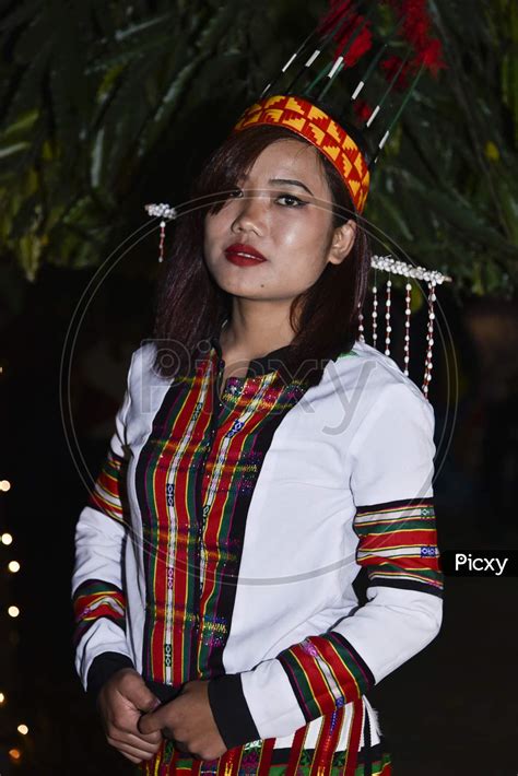 Image Of Assamese Woman In Traditional Assam Tribal Clothes During Bihu