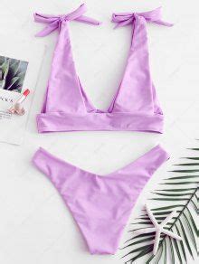 Zaful Tie Shoulder Plunging Bikini Set In Lovely Purple Zaful