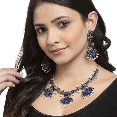 Panash Oxidised Silver Plated Blue Stone Studded Peacock Shaped