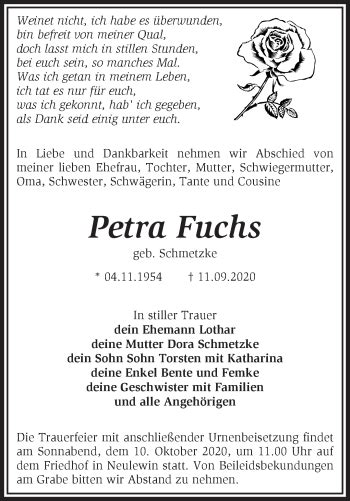 Traueranzeigen von Petra Fuchs Märkische Onlinezeitung Trauerportal