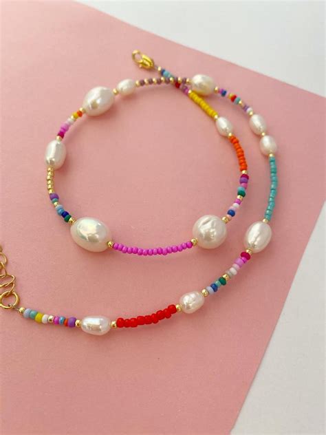 14k Gold Filled Colorful Pearl Seed Bead Necklacebeaded Pearl Etsy Handmade Beaded