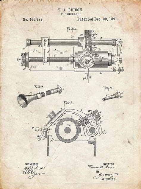 Pp798 Vintage Parchment Edison Phonograph Patent Poster Digital Art By