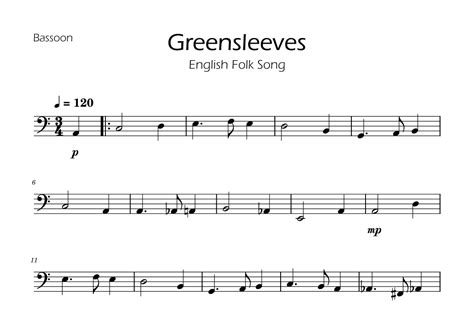 Greensleeves Bassoon Arr Ygor Nunes Sheet Music Folk Song