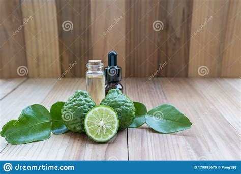 Kaffir Lime Or Bergamot Essential Oil Bottle With Fresh Bergamot And Leaves Stock Image Image