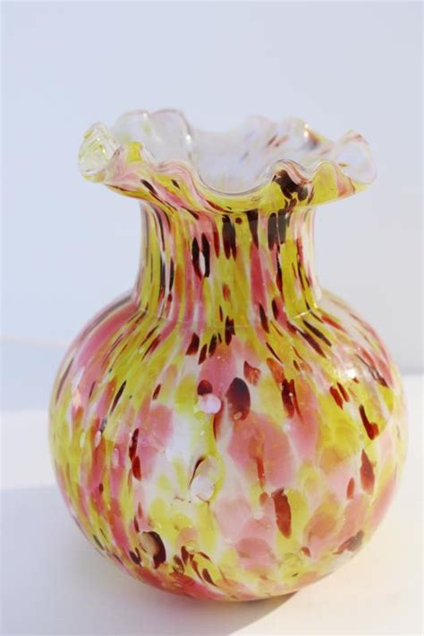 Vintage Hand Blown Splatter Glass Vase Confetti Pink And Yellow White Cased Glass