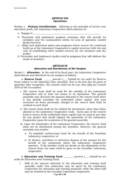 Laboratory Cooperative Article Of Cooperation And By Laws Template