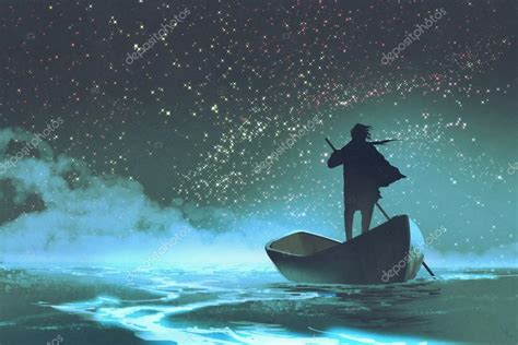 Man rowing a boat in the sea under beautiful sky with stars Stock Photo ...